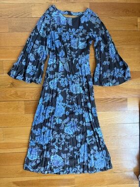 Free People Flowy Black & Blue Floral Maxi Dress with Bell Sleeves